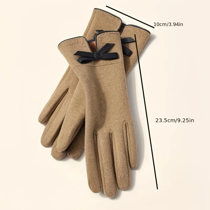 1 Pair Women's Full Finger Winter Gloves With Bow Decor, Touch Screen Outdoor Windproof Warm Gloves For Outdoor