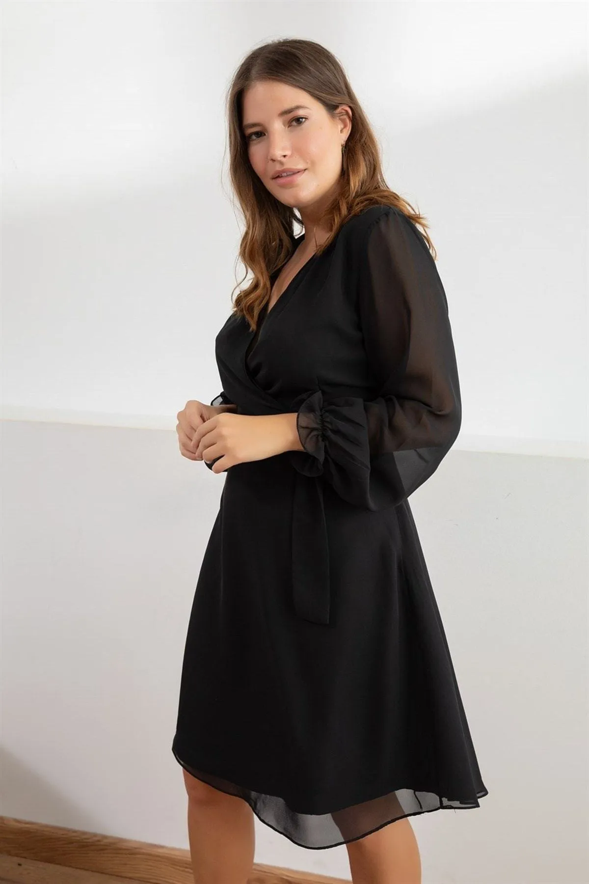 12739 Black Wrap Collar Chiffon Dress