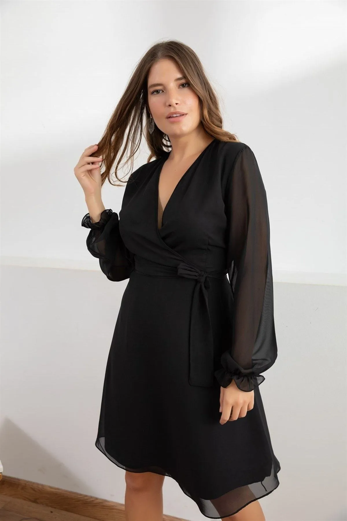 12739 Black Wrap Collar Chiffon Dress