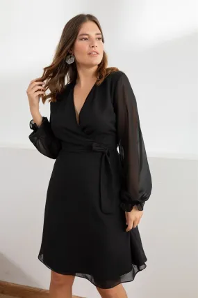 12739 Black Wrap Collar Chiffon Dress