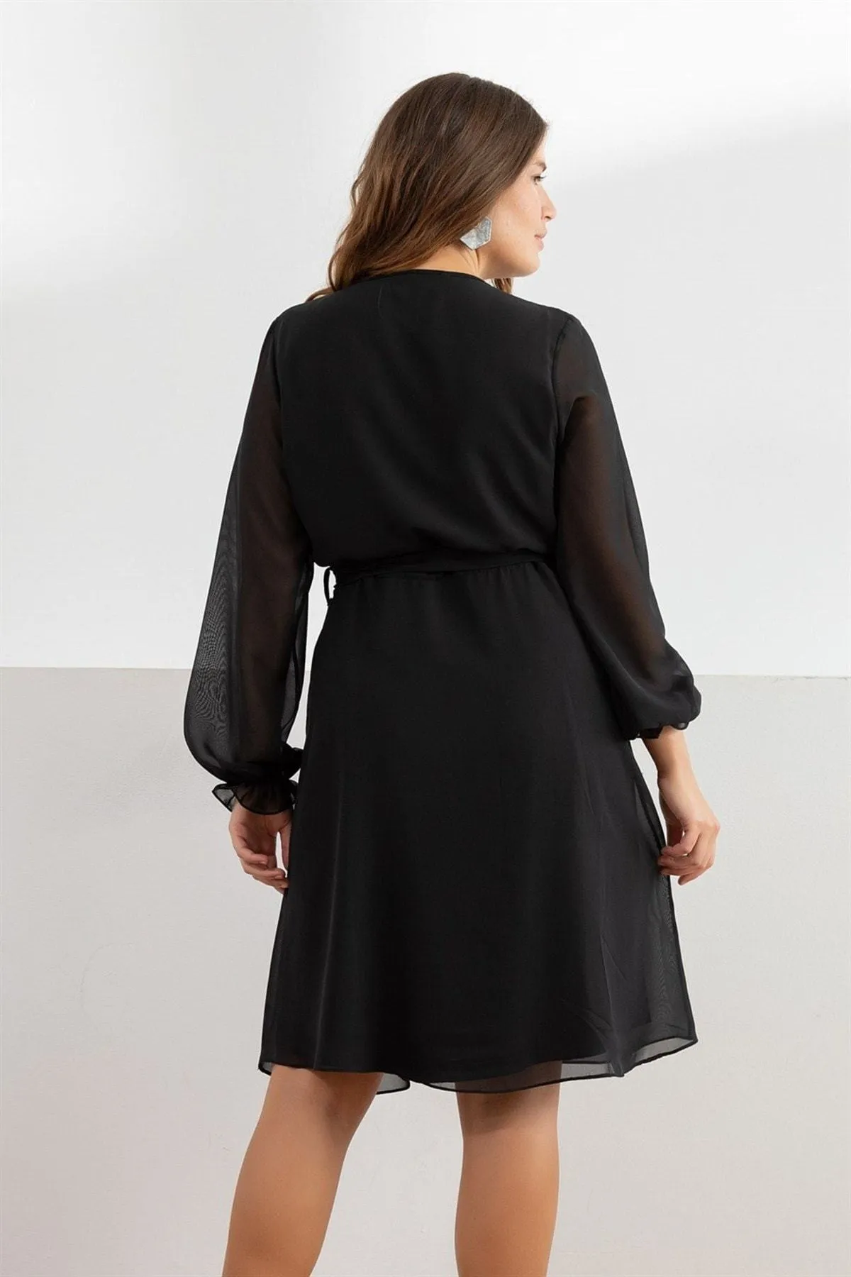 12739 Black Wrap Collar Chiffon Dress