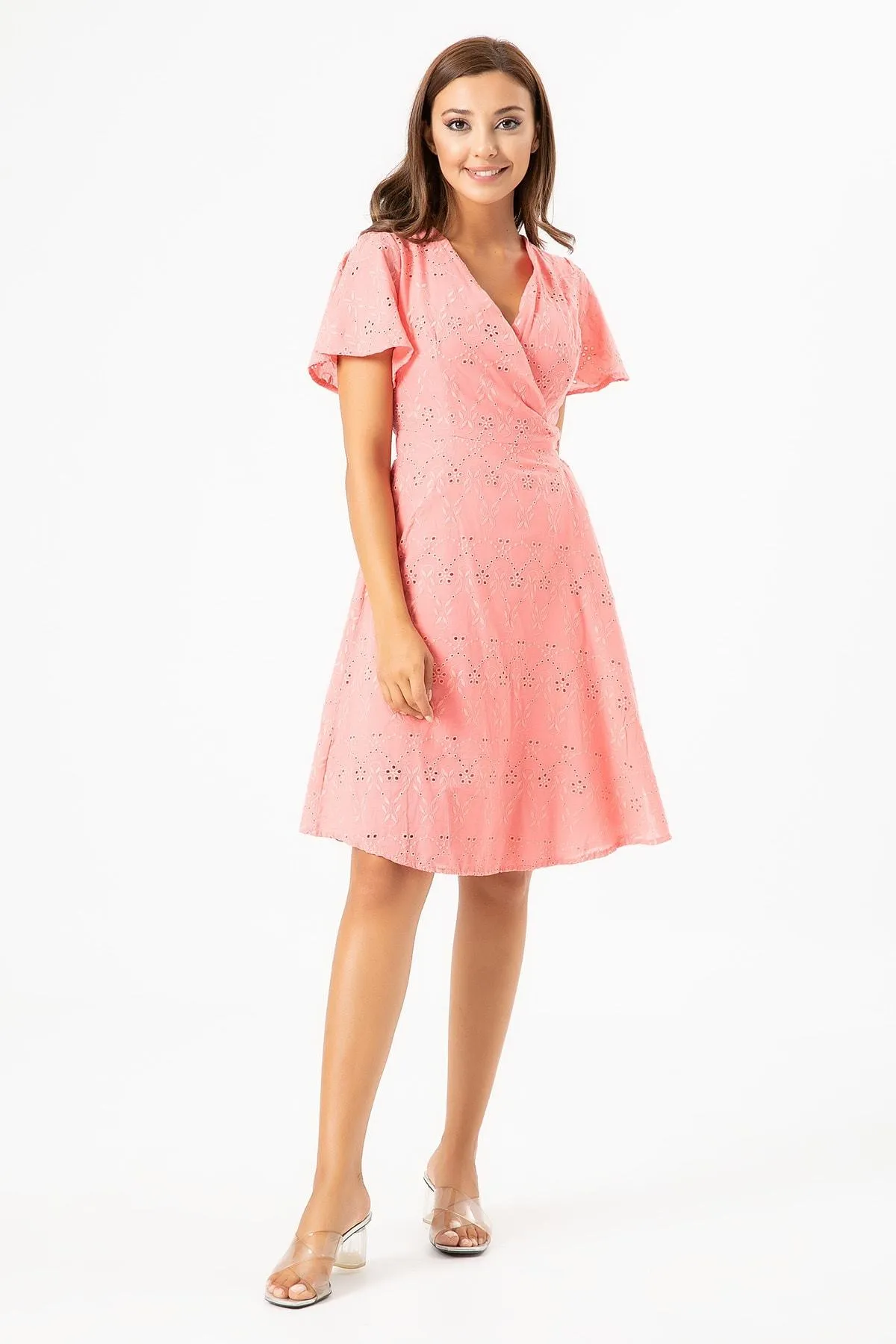 13149 Pink Embroidered Wrap Dress