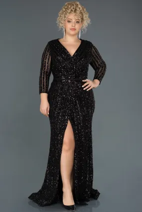 14647 Black Sequins Wrap Slit Dress