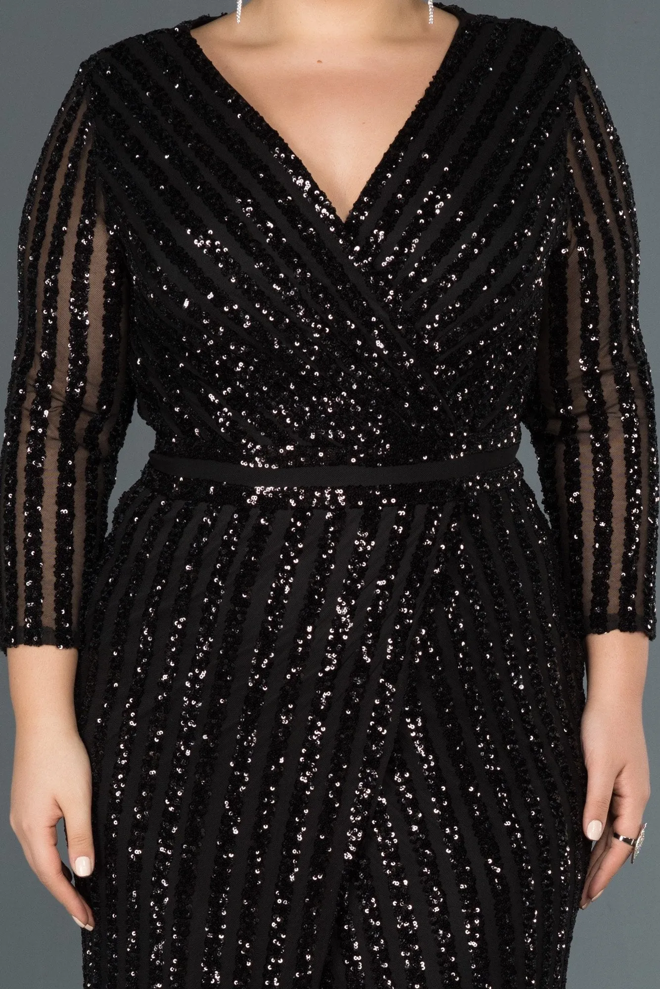 14647 Black Sequins Wrap Slit Dress