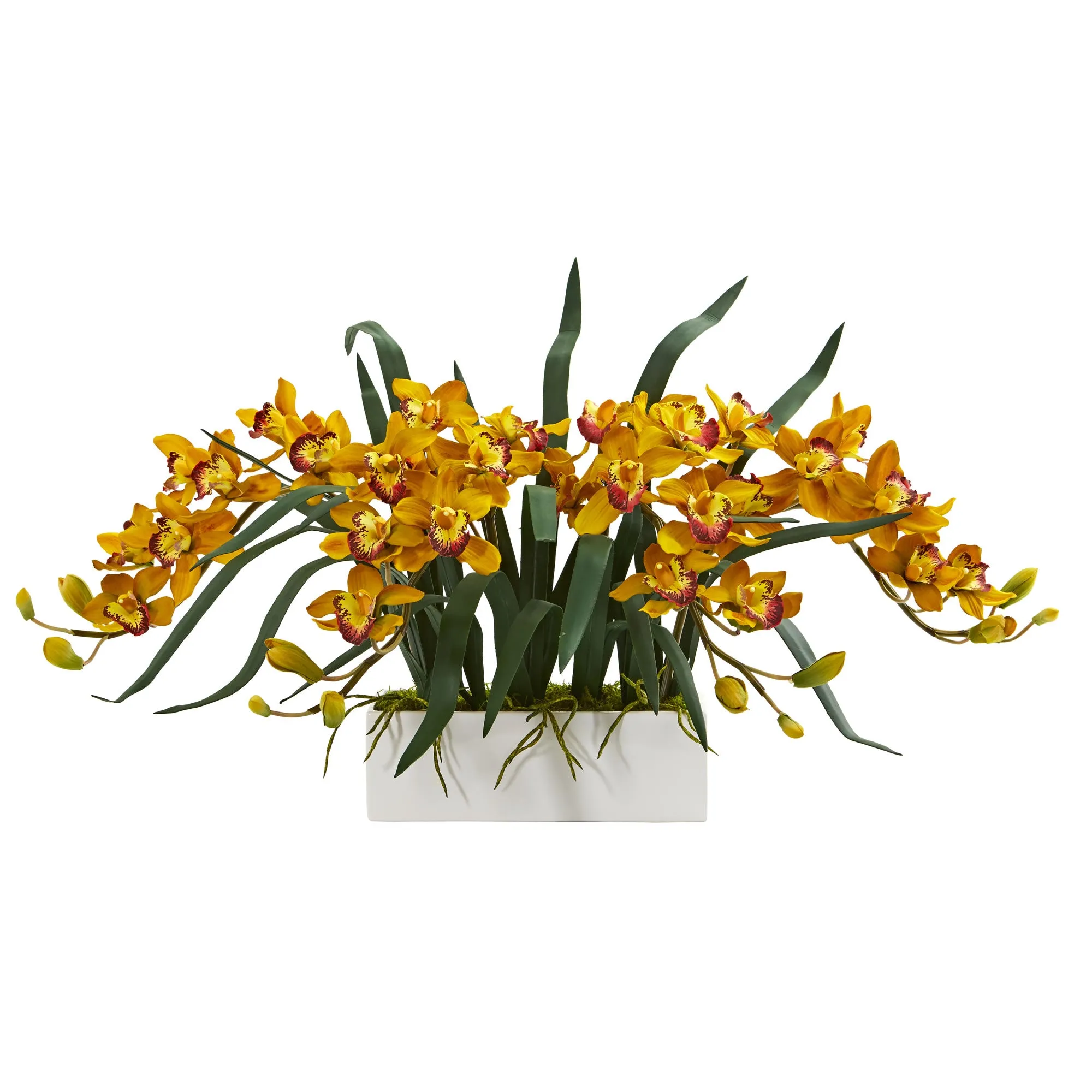 15" x 35" Artificial Cymbidium Arrangement in White Vase - Low Maintenance, Life-Like & Vibrant Silk Flowers For Busy People.