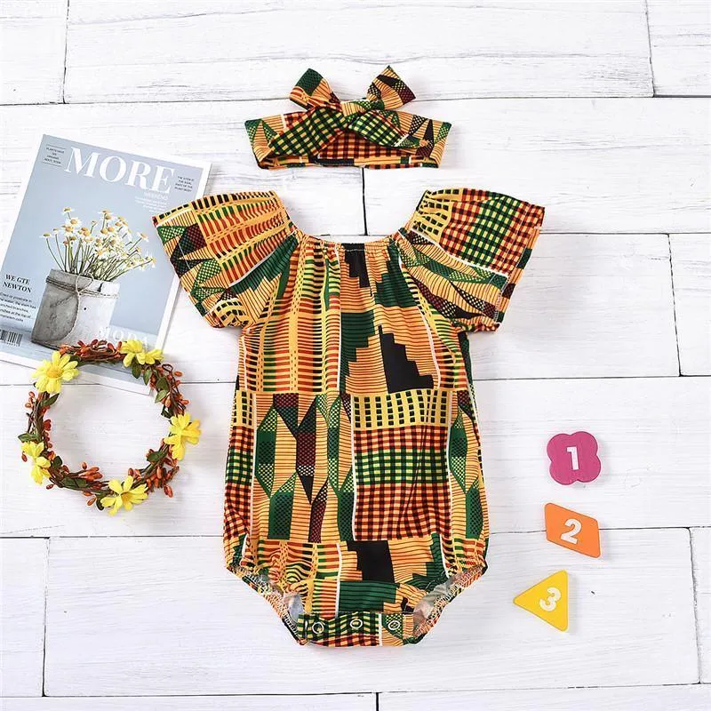 2-piece Geometric Pattern Bodysuit & Headband for Baby Girl