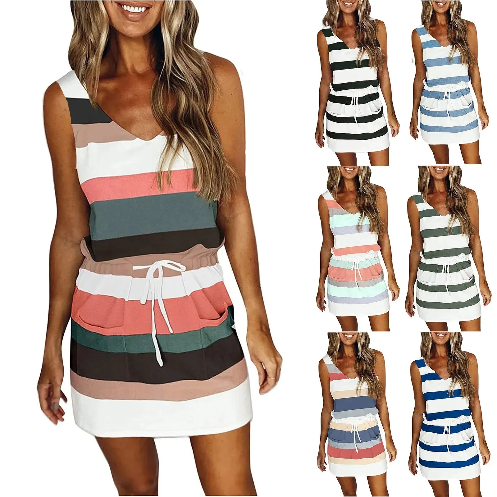 2024 High-quality Повседневное платье Women's Fashion Summer Loose Casual Fashionably diverse Striped Printed Vest Pocket Dress