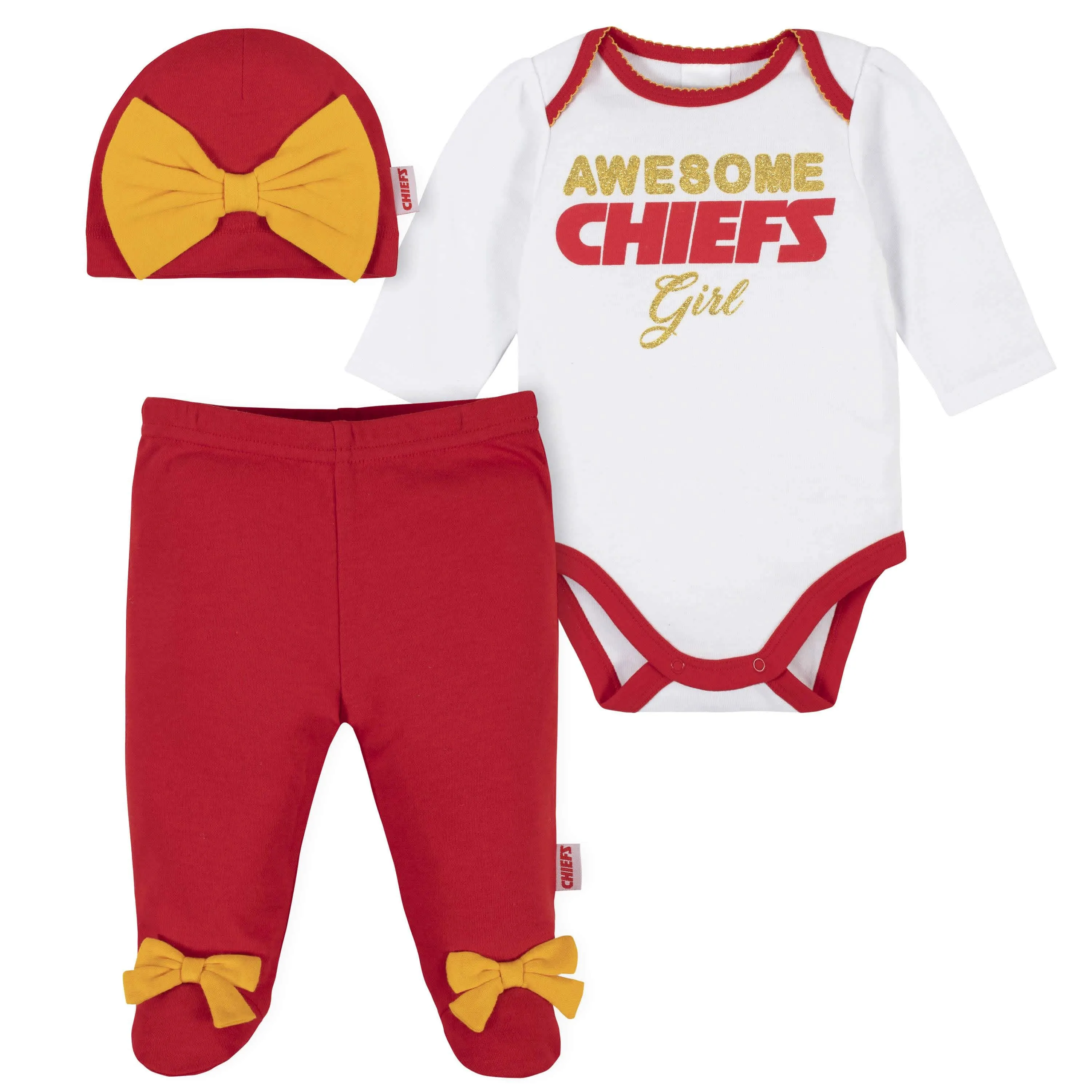 3-Piece Baby Girls Kansas City Chiefs Bodysuit, Footed Pant, and Cap Set