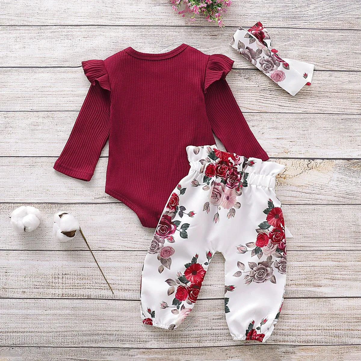 3-Piece Long-Sleeve Ruffled Bodysuit, Floral Pants and Headband Children's clothing wholesale