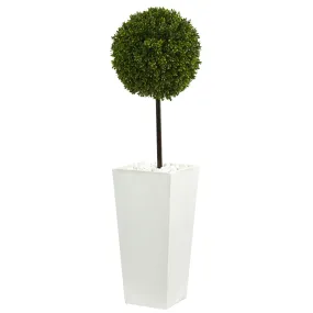 3.5' Artificial Boxwood Ball Topiary Tree in White Tower Planter UV Resistant (Indoor/Outdoor) - Low Maintenance, Life-Like & Vibrant Silk Trees For Busy People.