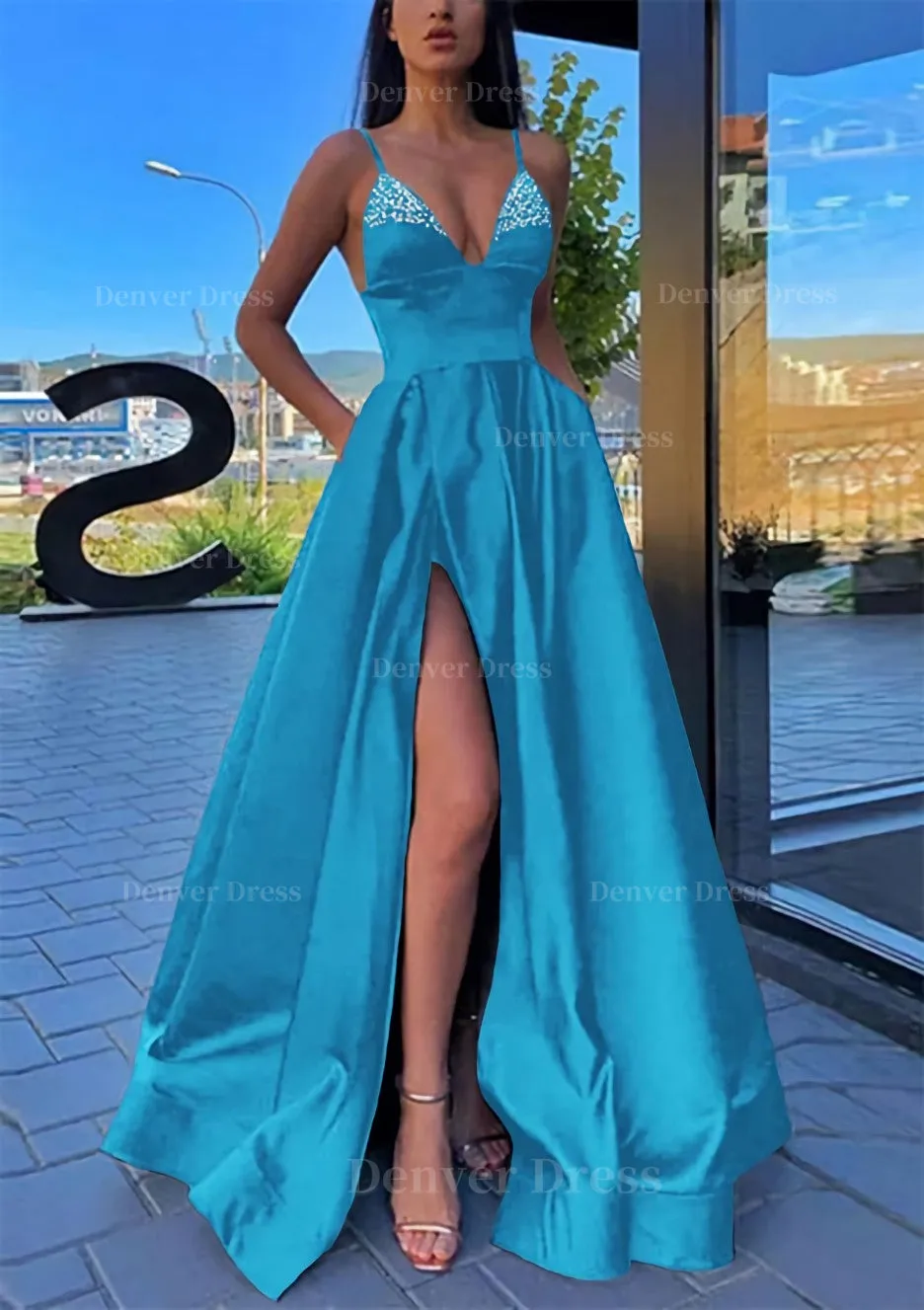 A-line V Neck Spaghetti Straps Long/Floor-Length Satin Prom Dress With Split Pockets Beading