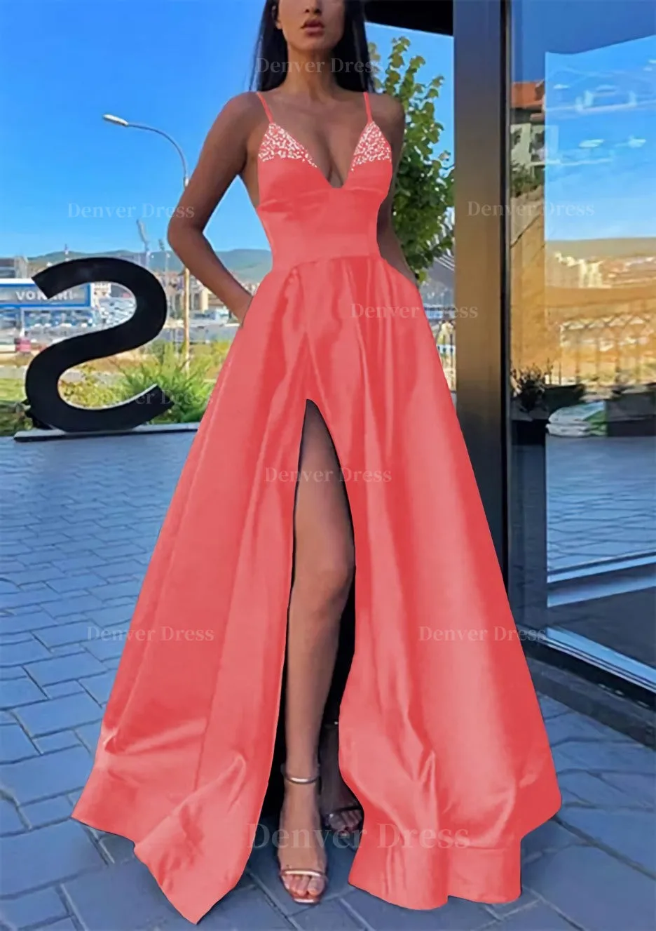 A-line V Neck Spaghetti Straps Long/Floor-Length Satin Prom Dress With Split Pockets Beading