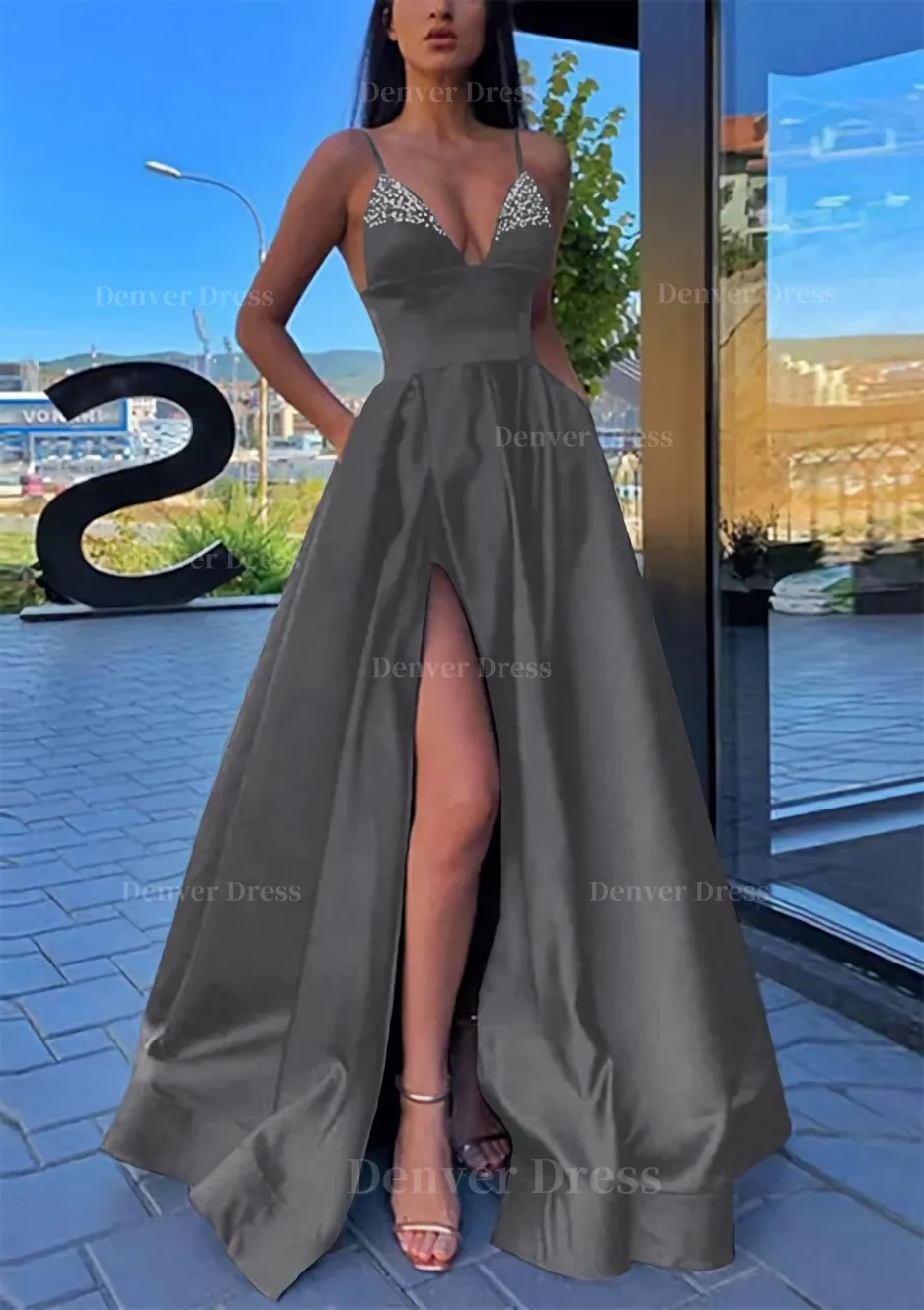 A-line V Neck Spaghetti Straps Long/Floor-Length Satin Prom Dress With Split Pockets Beading