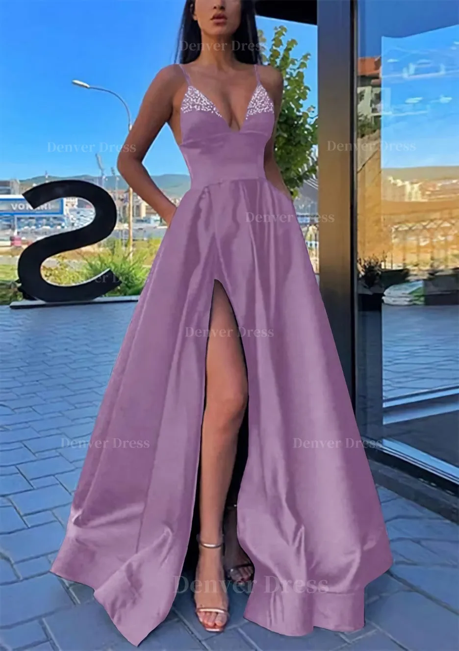 A-line V Neck Spaghetti Straps Long/Floor-Length Satin Prom Dress With Split Pockets Beading