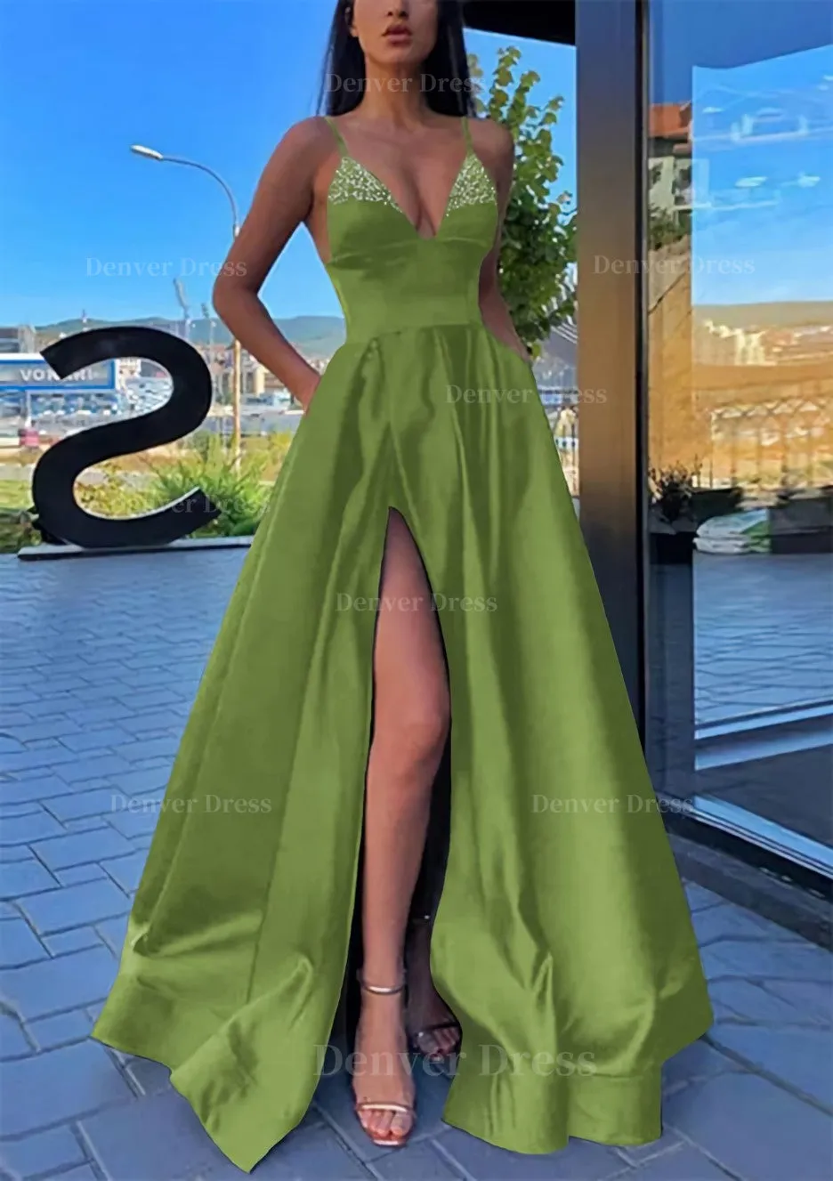 A-line V Neck Spaghetti Straps Long/Floor-Length Satin Prom Dress With Split Pockets Beading