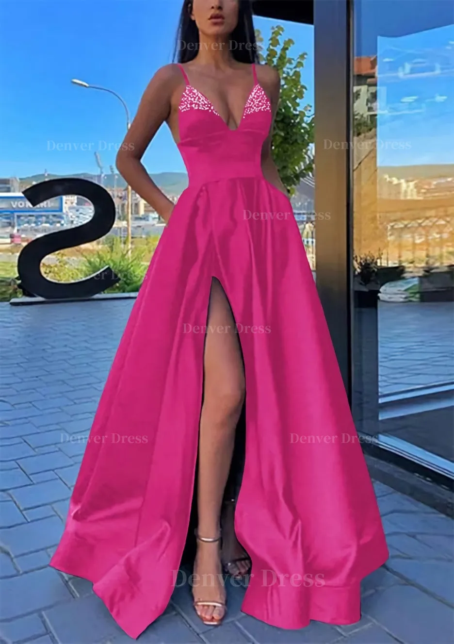 A-line V Neck Spaghetti Straps Long/Floor-Length Satin Prom Dress With Split Pockets Beading