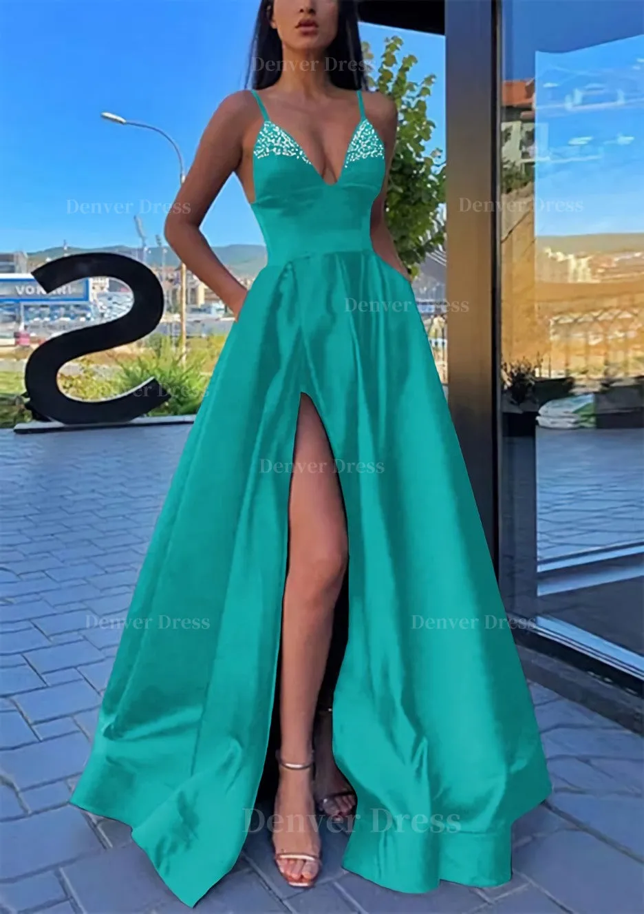 A-line V Neck Spaghetti Straps Long/Floor-Length Satin Prom Dress With Split Pockets Beading