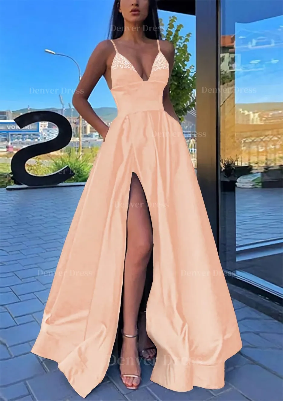 A-line V Neck Spaghetti Straps Long/Floor-Length Satin Prom Dress With Split Pockets Beading