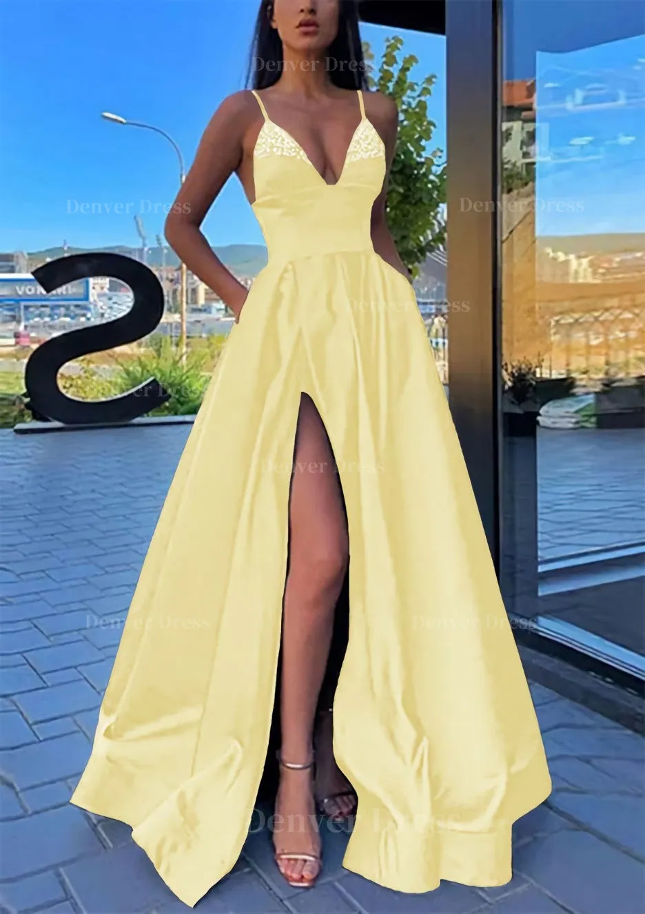 A-line V Neck Spaghetti Straps Long/Floor-Length Satin Prom Dress With Split Pockets Beading