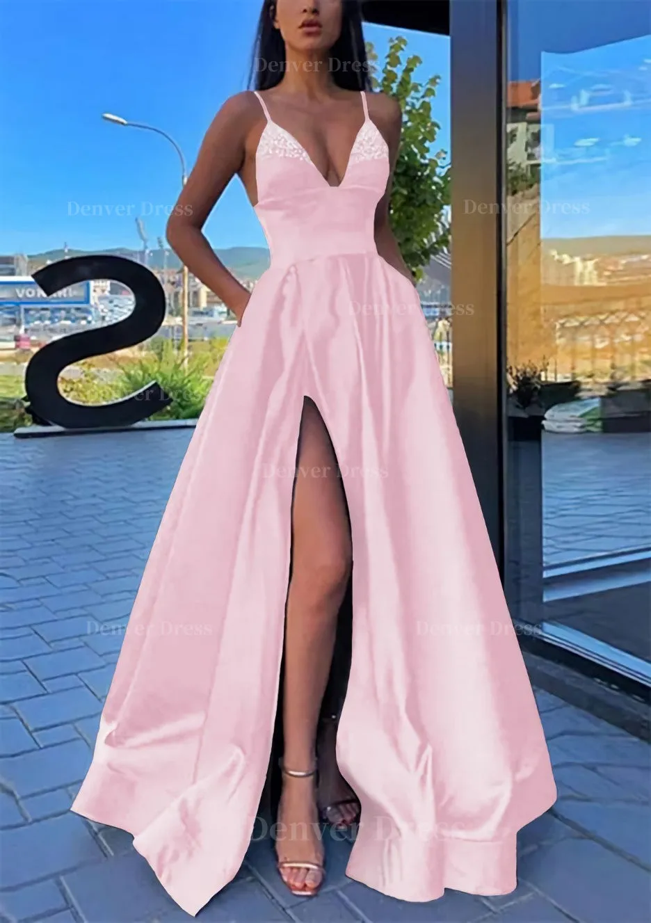 A-line V Neck Spaghetti Straps Long/Floor-Length Satin Prom Dress With Split Pockets Beading