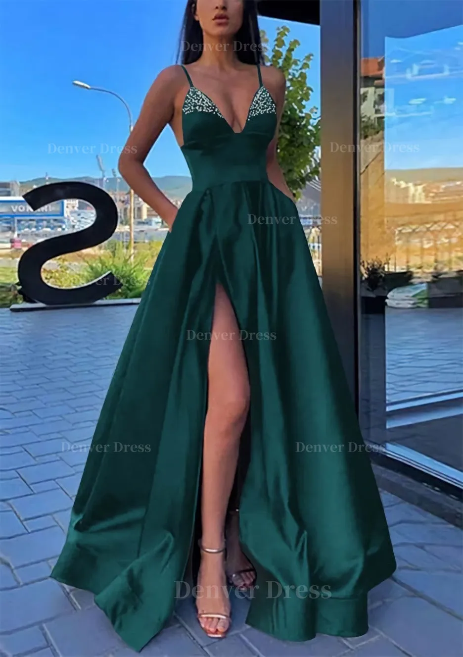 A-line V Neck Spaghetti Straps Long/Floor-Length Satin Prom Dress With Split Pockets Beading