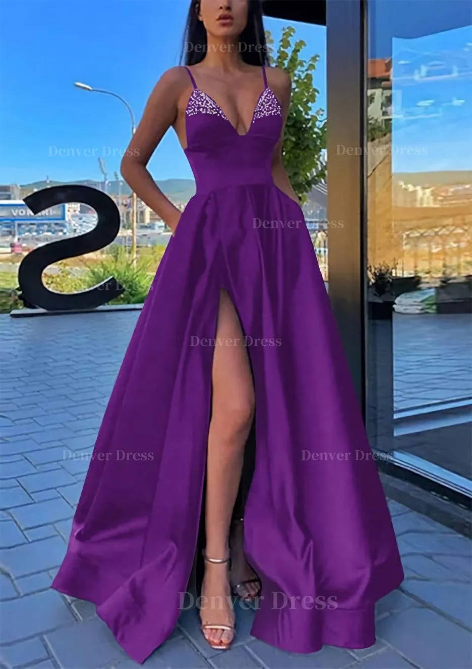 A-line V Neck Spaghetti Straps Long/Floor-Length Satin Prom Dress With Split Pockets Beading