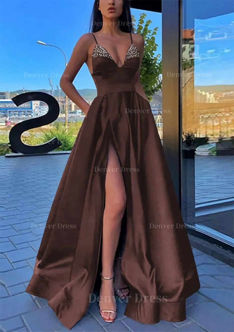 A-line V Neck Spaghetti Straps Long/Floor-Length Satin Prom Dress With Split Pockets Beading