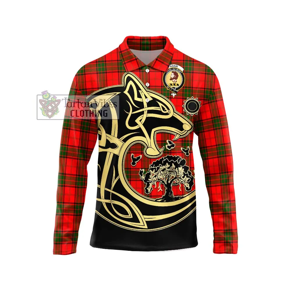 Adair Tartan Long Sleeve Polo Shirt with Family Crest Celtic Wolf Style