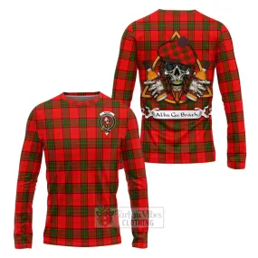 Adair Tartan Long Sleeve T-Shirt with Family Crest and Bearded Skull Holding Bottles of Whiskey