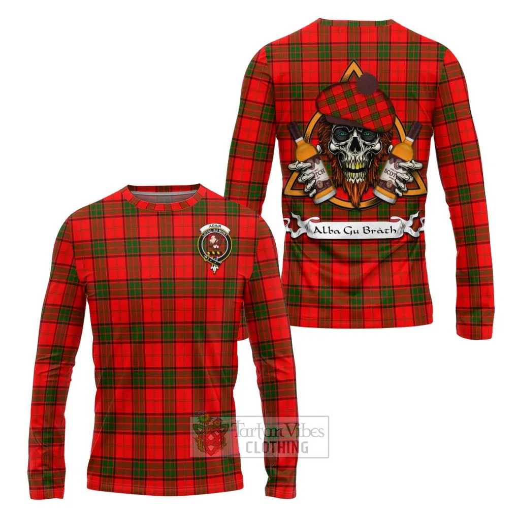 Adair Tartan Long Sleeve T-Shirt with Family Crest and Bearded Skull Holding Bottles of Whiskey