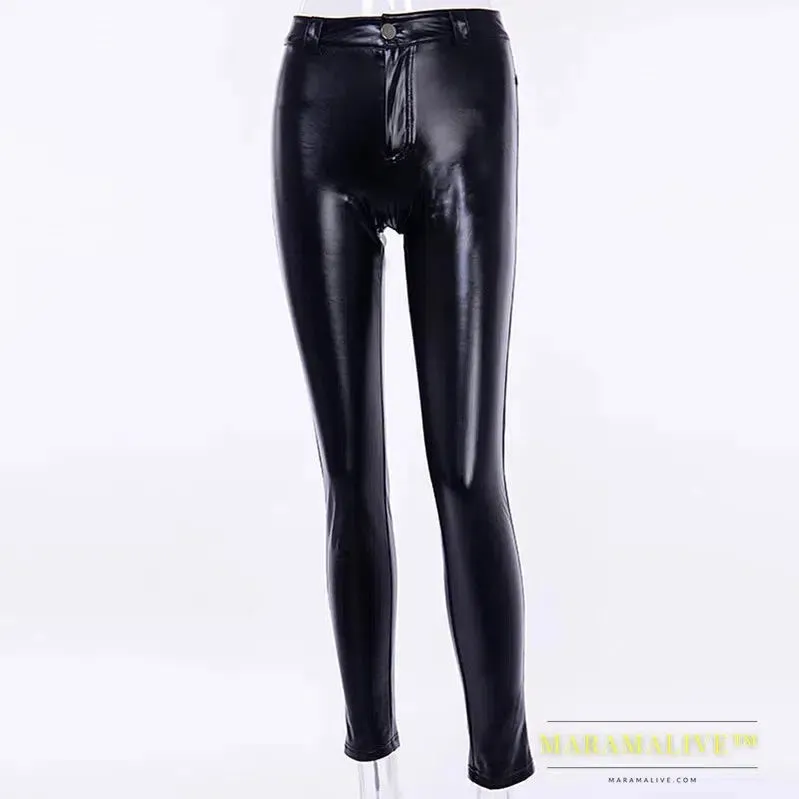 Adult Punk Goth Push Up Hip Shape Leggings Slim Sexy Bodycon Skinny Pencil Pants Club PU Patent Leather Trouser For Women Spring