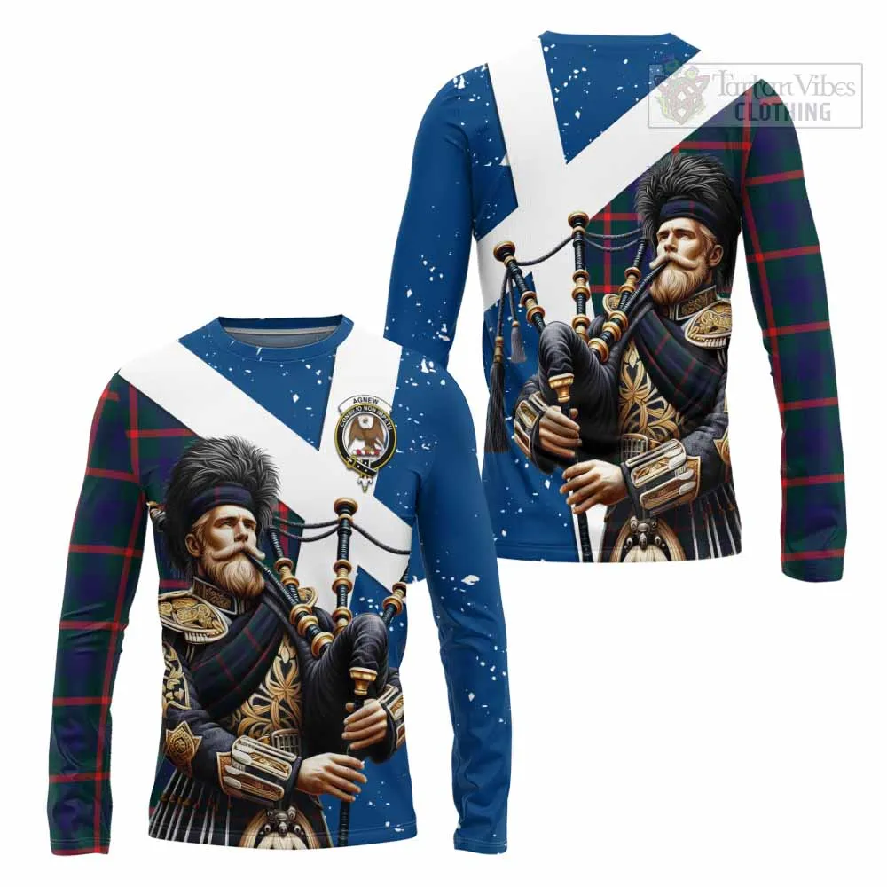 Agnew Tartan Long Sleeve T-Shirt with Family Crest Scottish Bagpiper Vibes