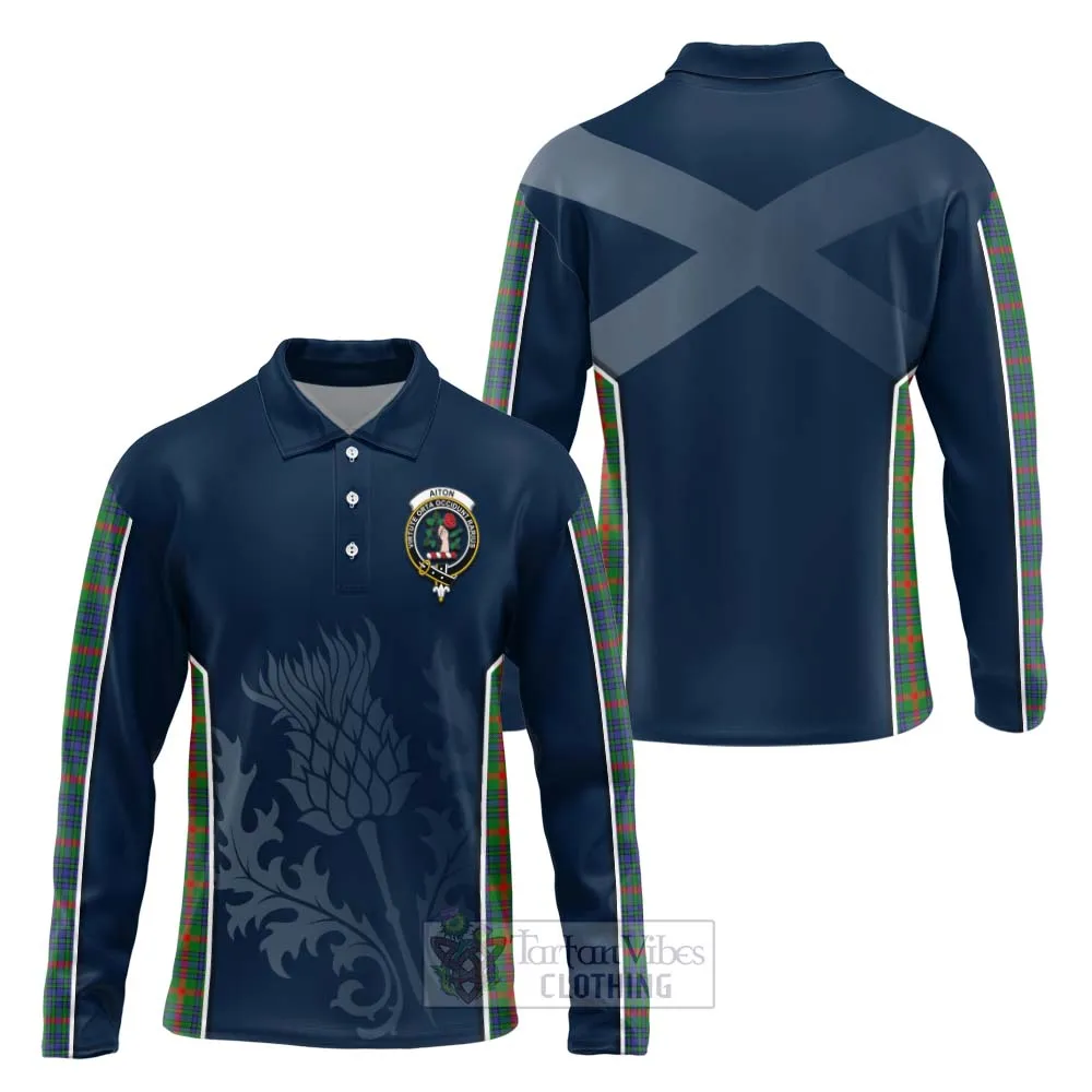 Aiton Tartan Long Sleeve Polo Shirt with Family Crest and Scottish Thistle Vibes Sport Style