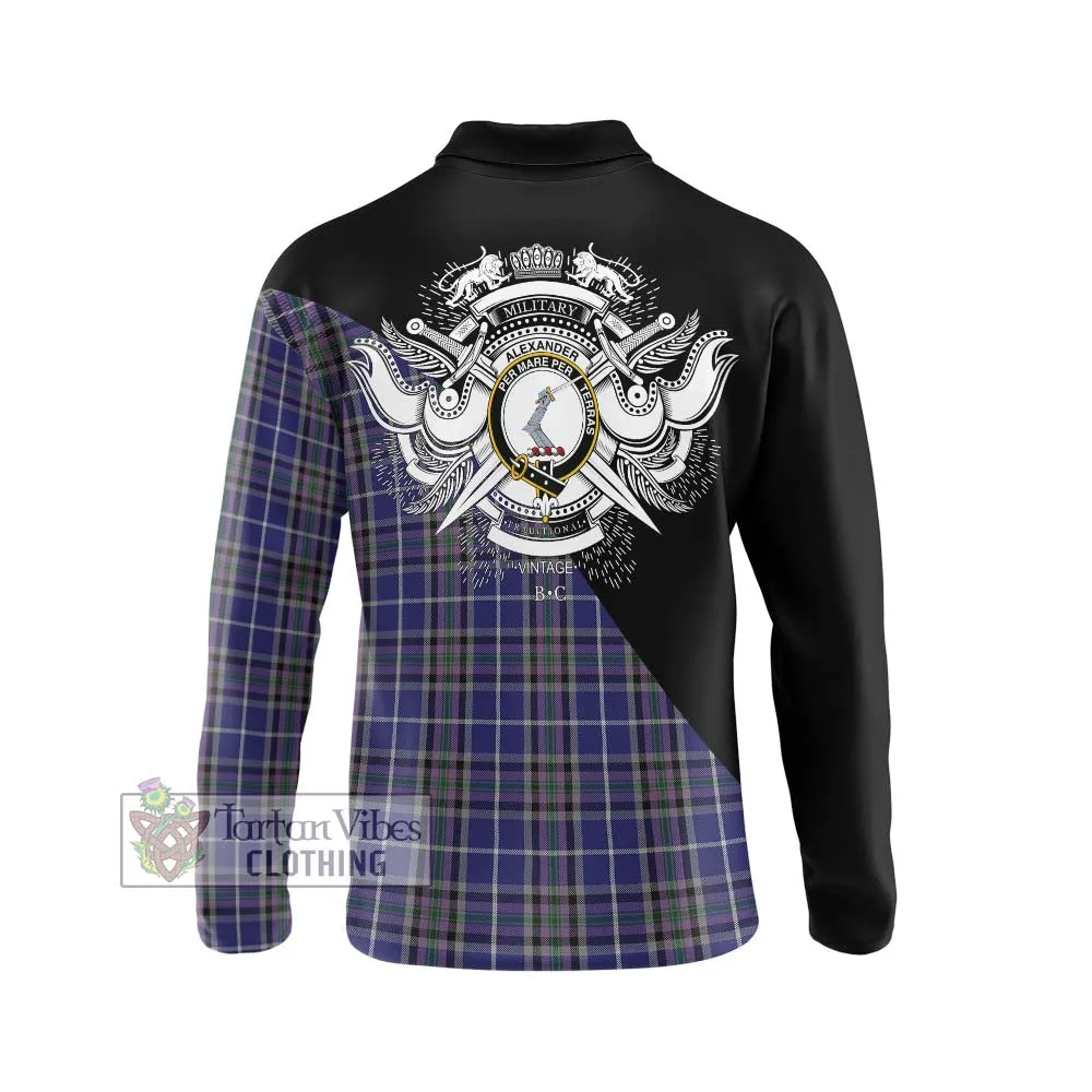 Alexander of Menstry Tartan Long Sleeve Polo Shirt with Family Crest and Military Logo Style