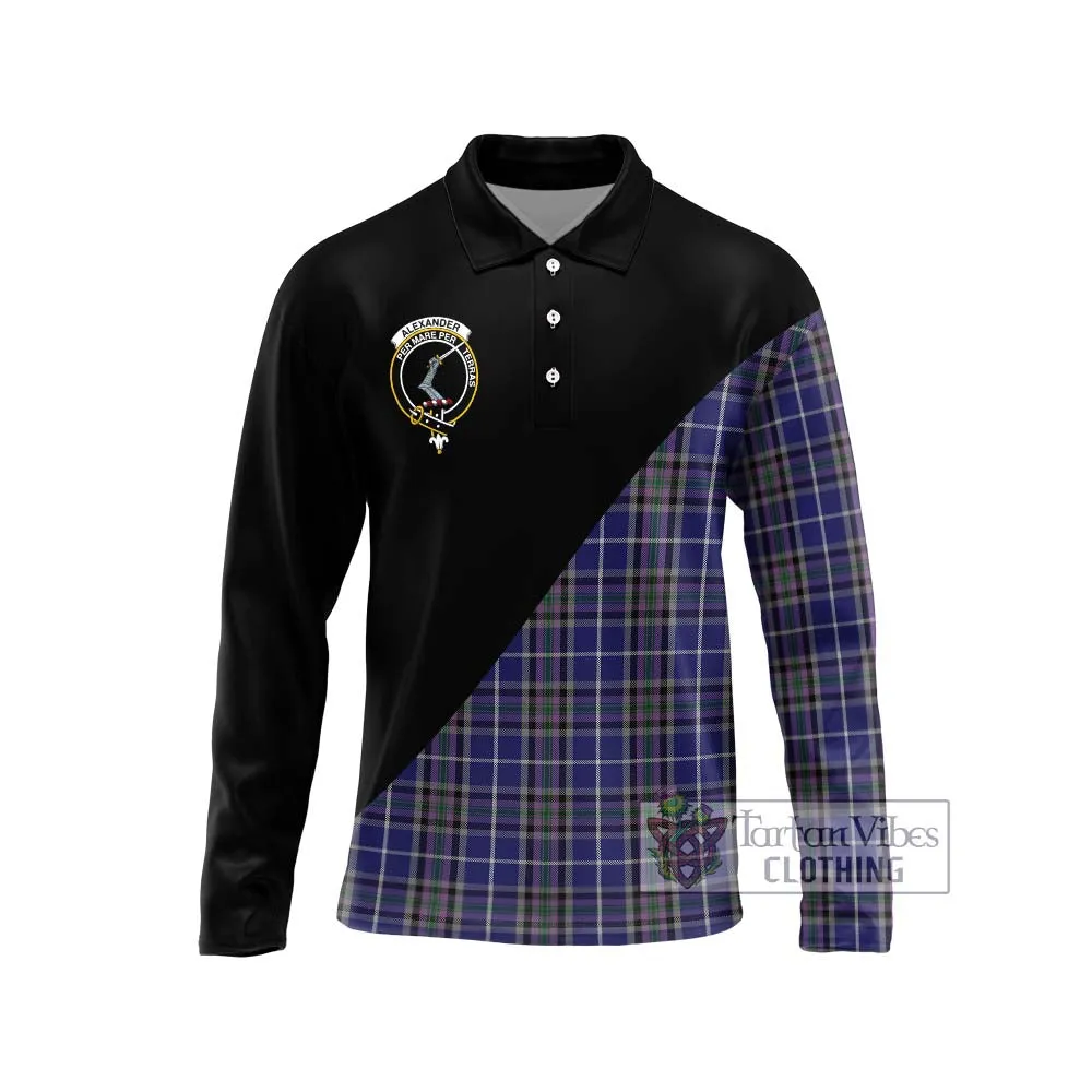 Alexander of Menstry Tartan Long Sleeve Polo Shirt with Family Crest and Military Logo Style