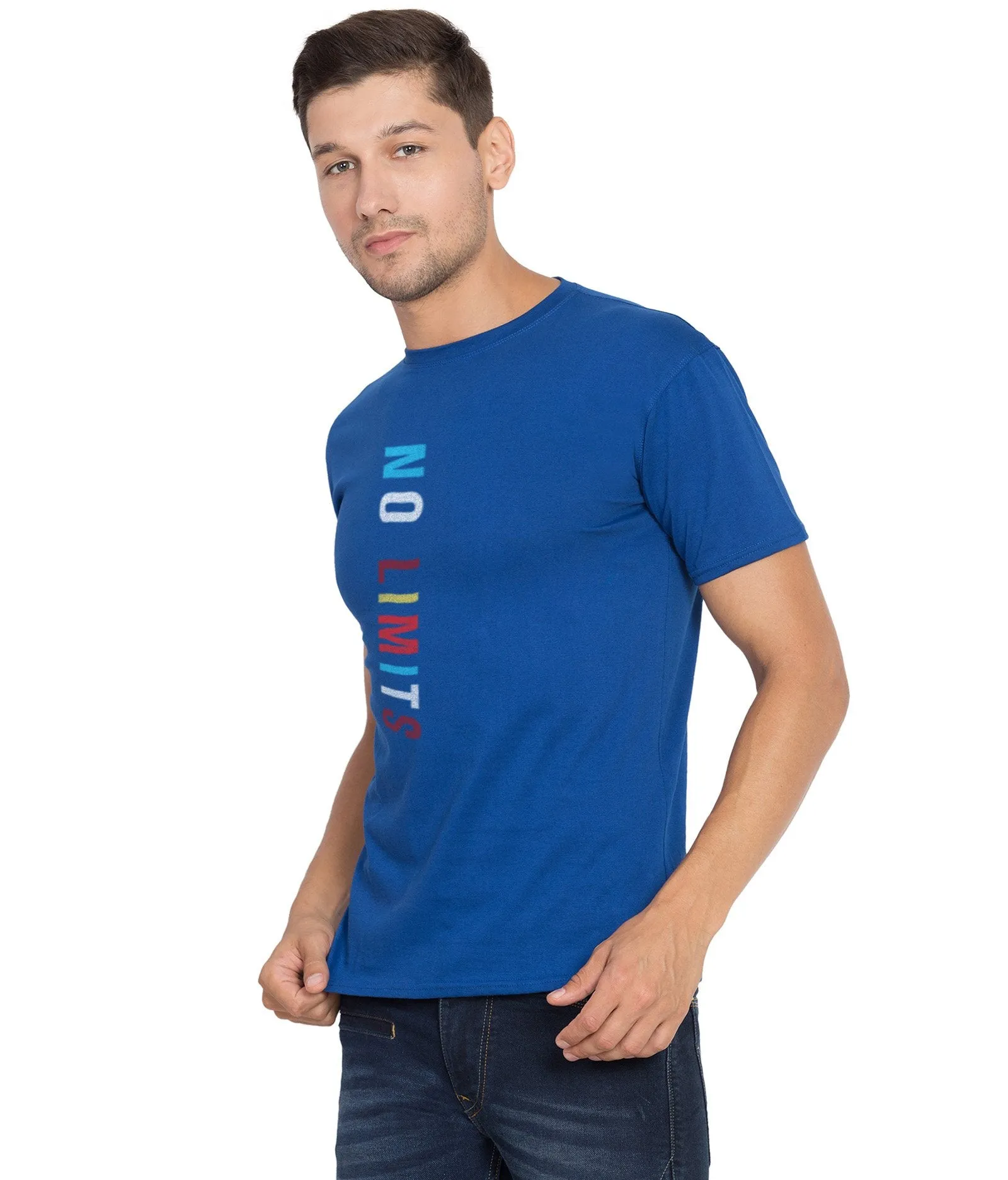 American-Elm Men's Round Neck Slim Fit Half Sleeves Royal Blue Stylish Cotton Printed T-Shirt