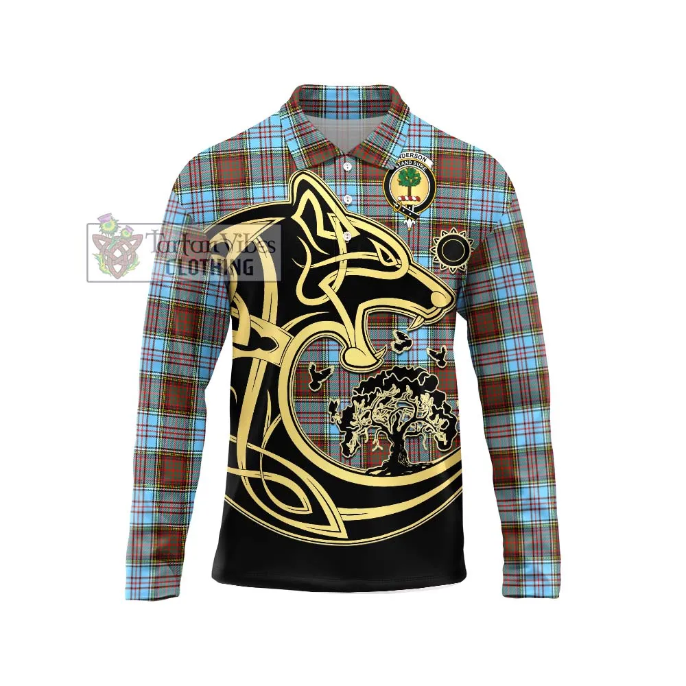 Anderson Ancient Tartan Long Sleeve Polo Shirt with Family Crest Celtic Wolf Style