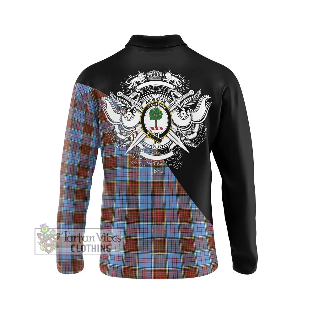 Anderson Modern Tartan Long Sleeve Polo Shirt with Family Crest and Military Logo Style