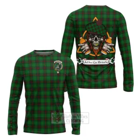 Anstruther Tartan Long Sleeve T-Shirt with Family Crest and Bearded Skull Holding Bottles of Whiskey