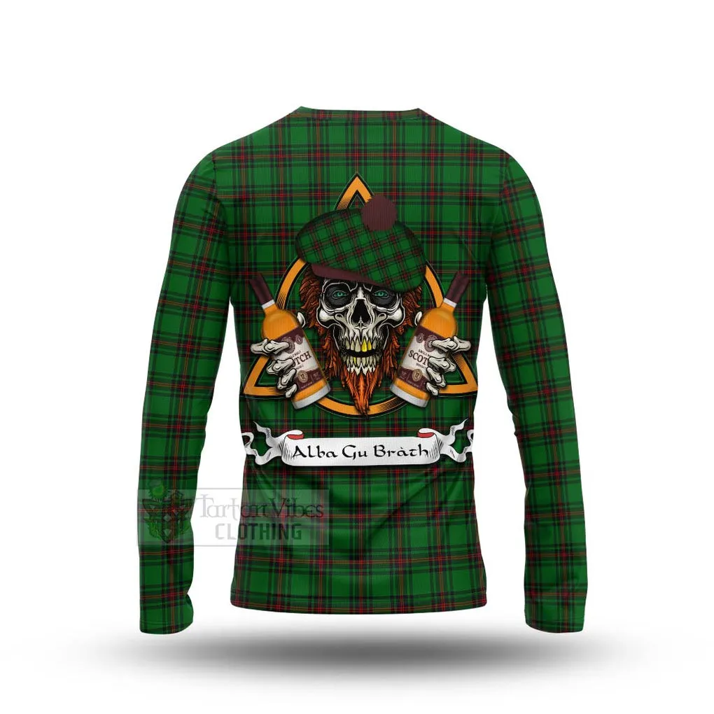 Anstruther Tartan Long Sleeve T-Shirt with Family Crest and Bearded Skull Holding Bottles of Whiskey