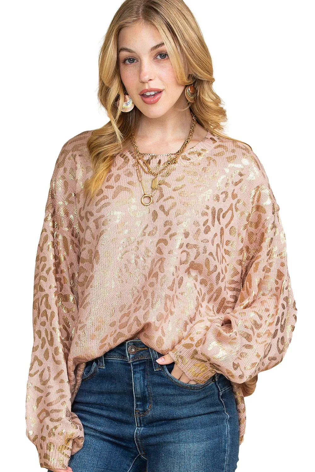 Apricot Leopard Print Drop Shoulder Long Sleeve Pullover Sweater