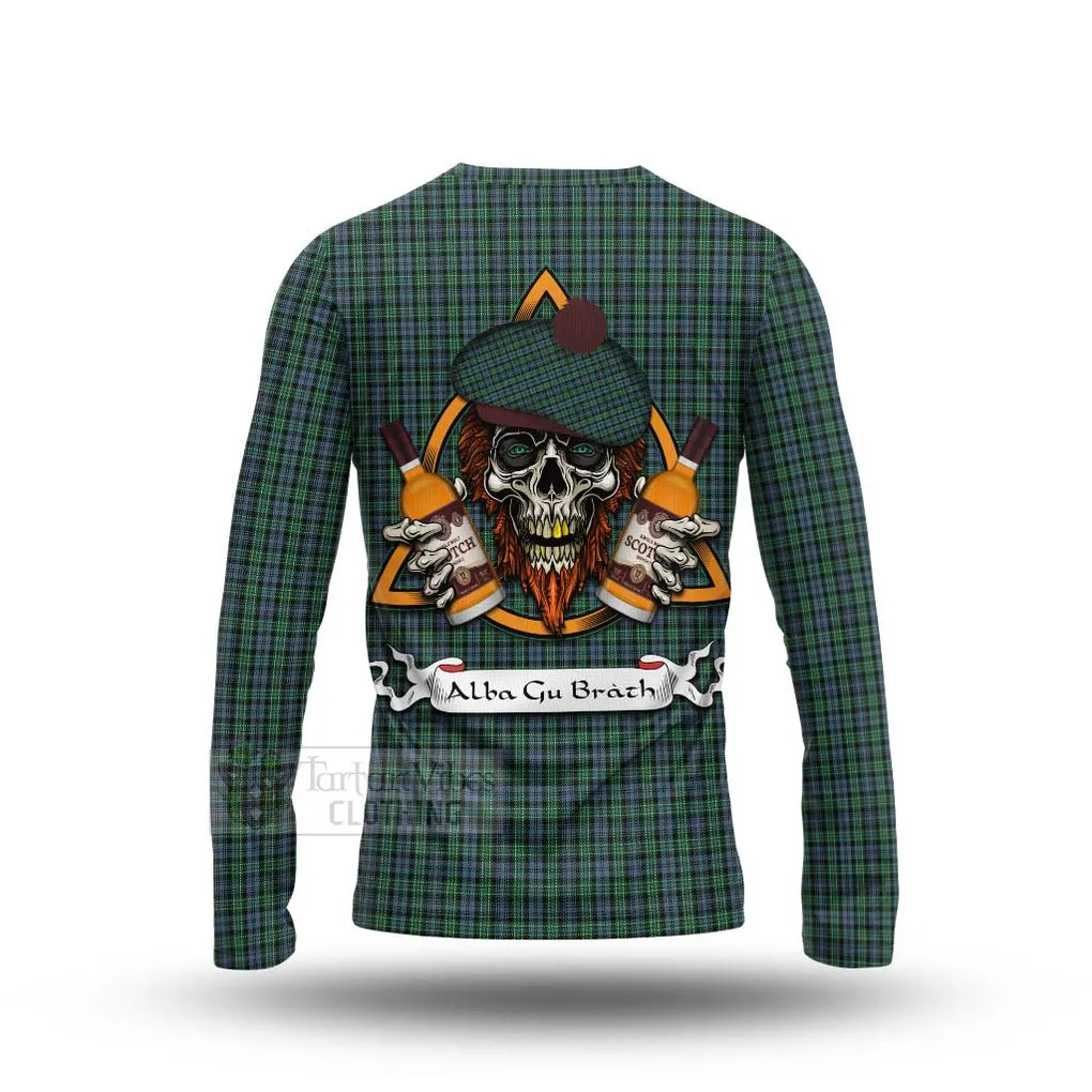 Arbuthnot Tartan Long Sleeve T-Shirt with Family Crest and Bearded Skull Holding Bottles of Whiskey