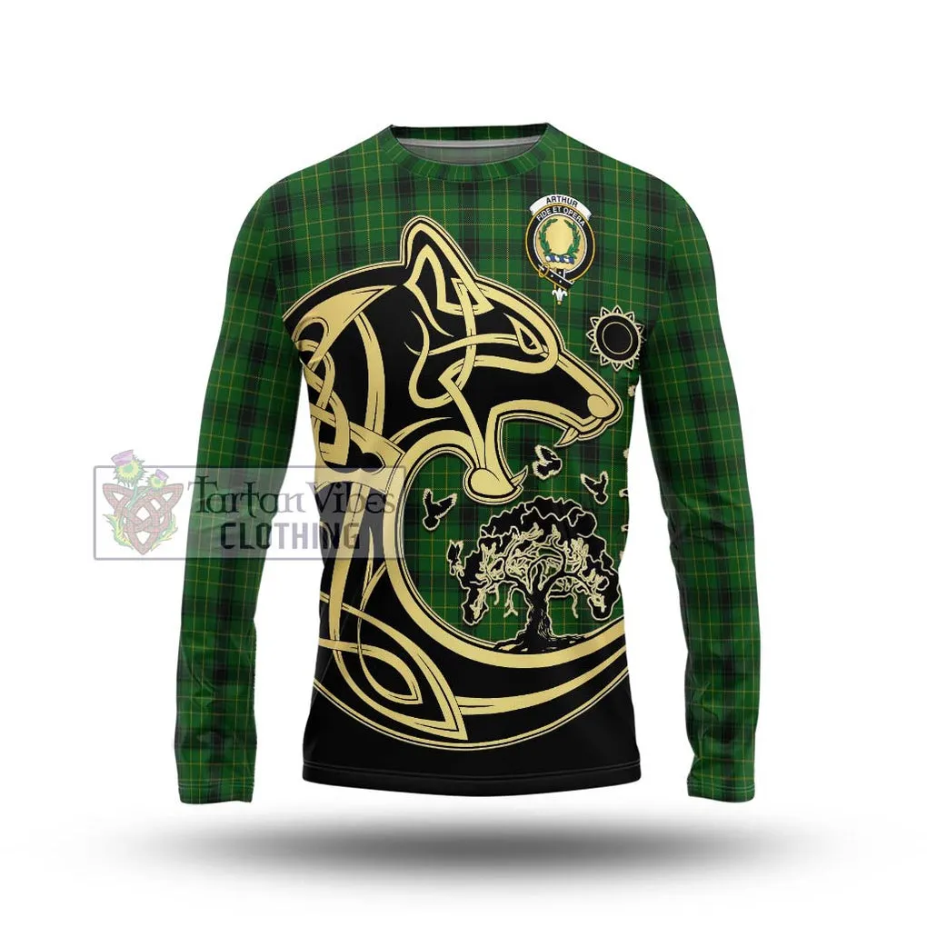 Arthur Highland Tartan Long Sleeve T-Shirt with Family Crest Celtic Wolf Style