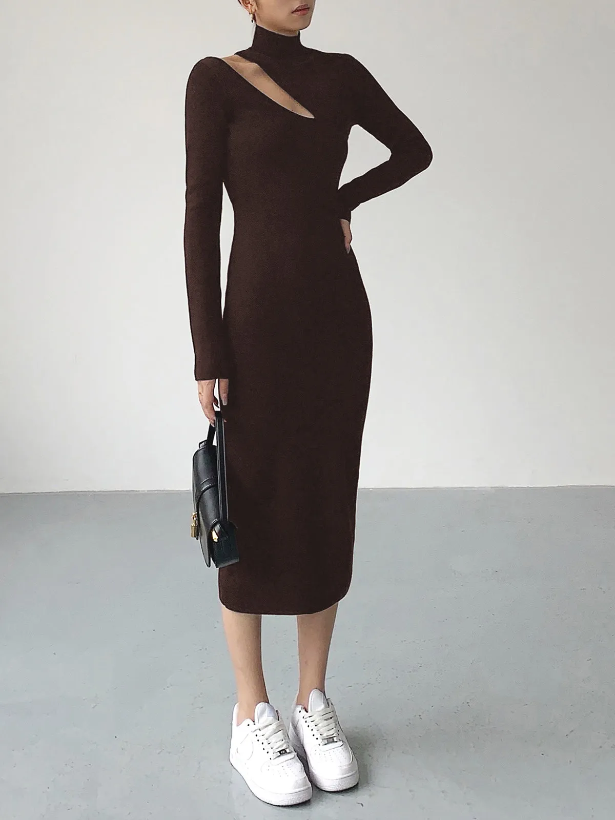 Asymmetrical Cutout Mock Trendy Neck Knit Midi Dress