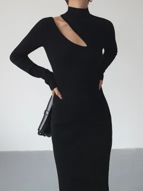 Asymmetrical Cutout Mock Trendy Neck Knit Midi Dress