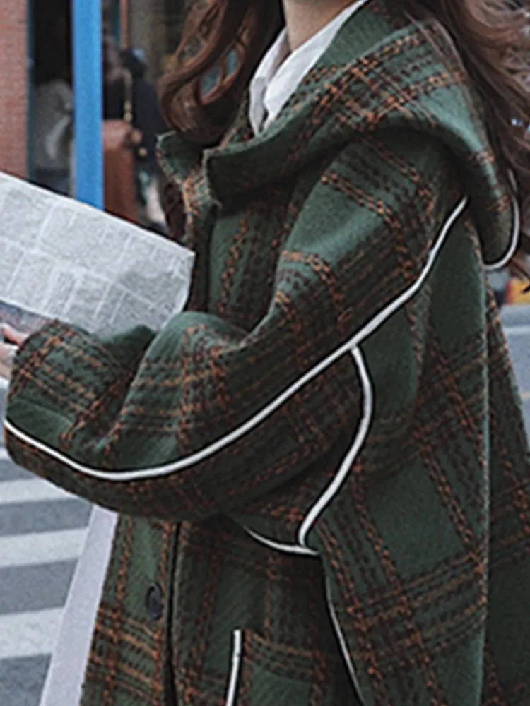 Autumn Winter Long Oversized Warm White Patchwork Plaid Wool Blends Hood Runway Korean Fashion Stylish Coat