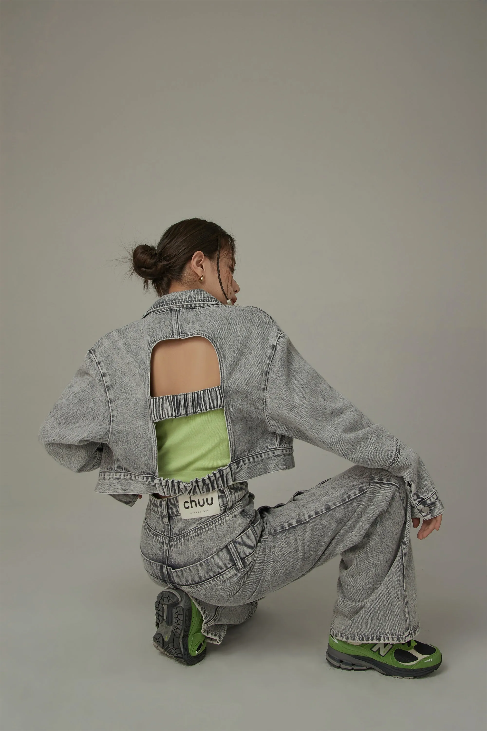 Back Cut Out Cropped Denim Jacket