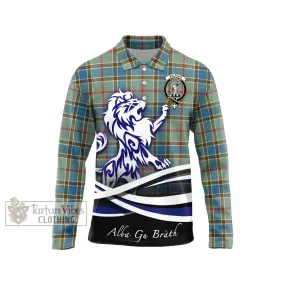 Balfour Blue Tartan Long Sleeve Polo Shirt with Alba Gu Brath Regal Lion Emblem