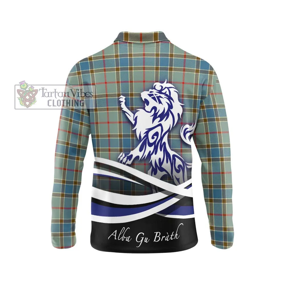 Balfour Blue Tartan Long Sleeve Polo Shirt with Alba Gu Brath Regal Lion Emblem