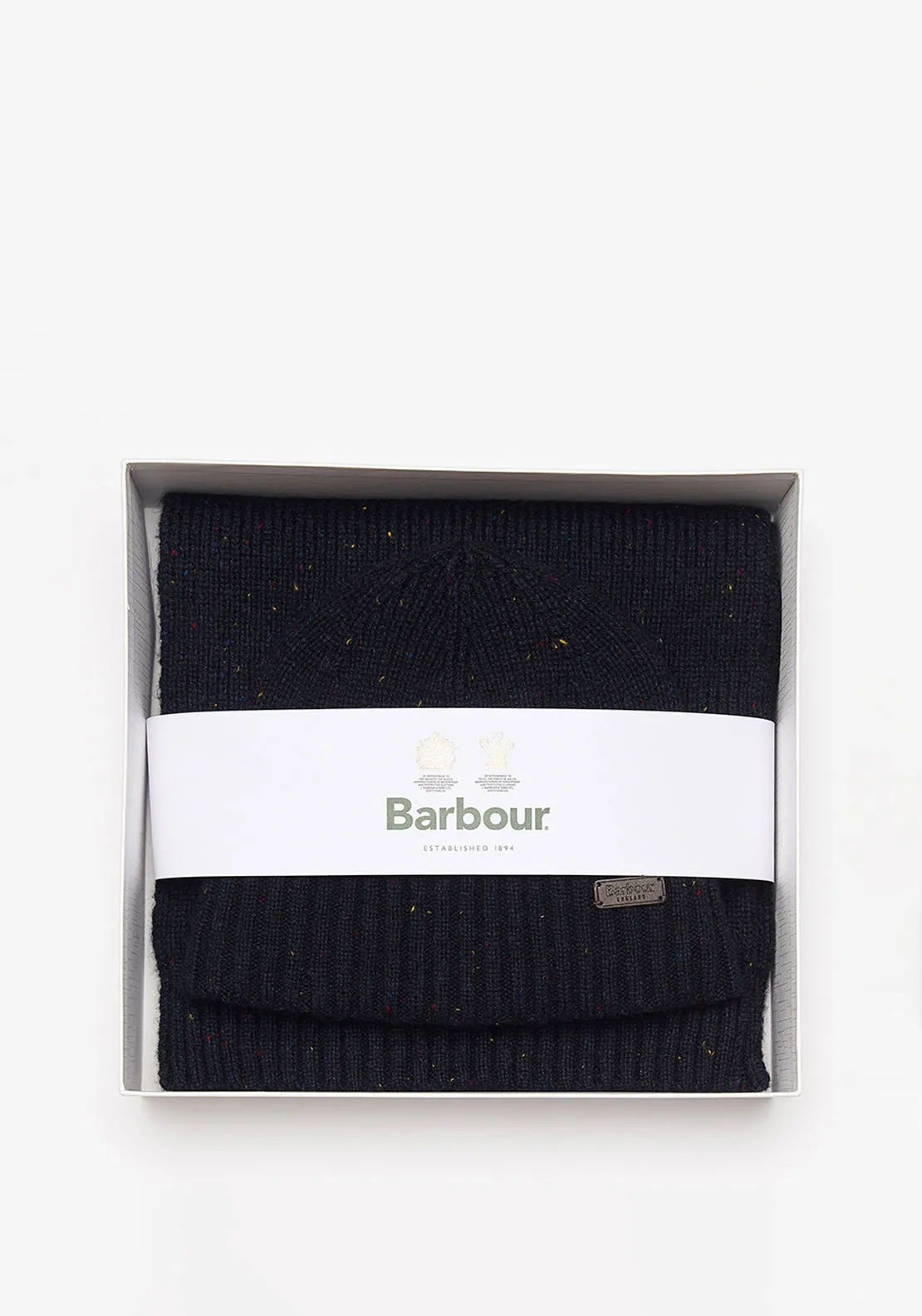 Barbour Carlton Fleck Beanie & Scarf Gift Set, Navy